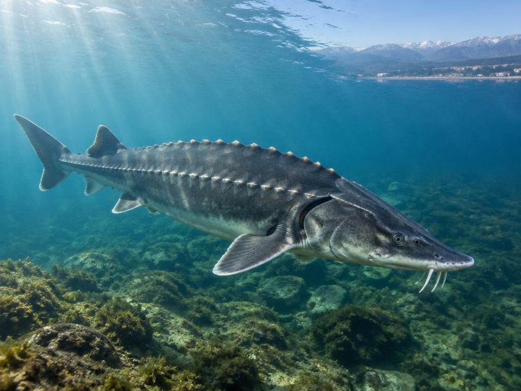 A Caspian sturgeon swimming in clear water